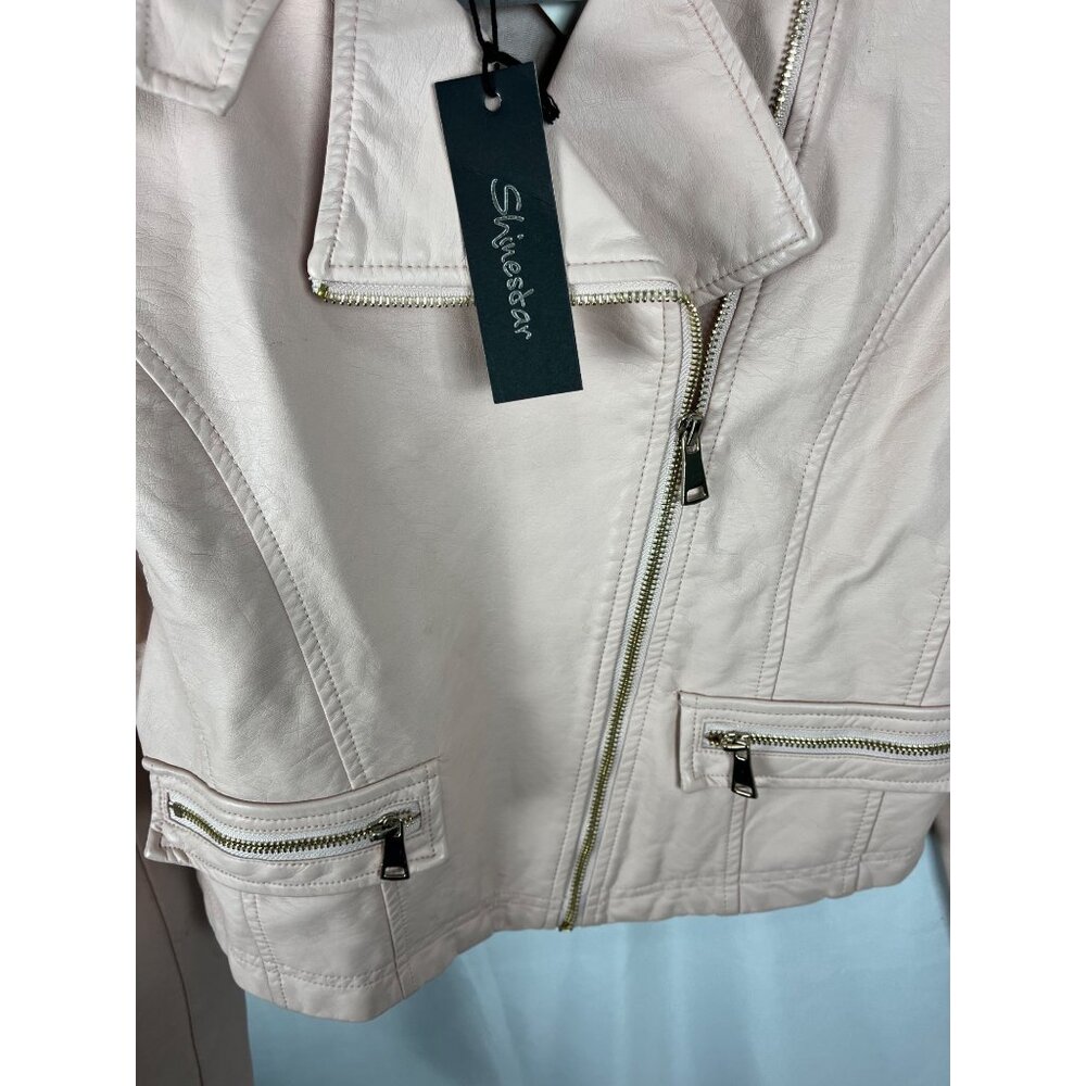 Shinestar Cropped Moto Jacket Faux Leather Beige Blush Zip Shoulder Pads L Y2K - Picture 11 of 16